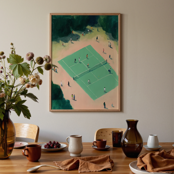 Scene-based sports wall art print with tennis court geometry, net across center, and figures