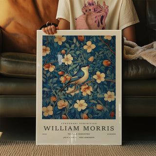 William Morris art piece with intricate leaf patterns and a central bluebird on a branch.