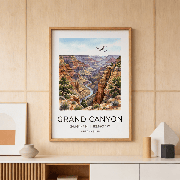 Illustrated Grand Canyon wall art print with birds in the sky and river canyon view