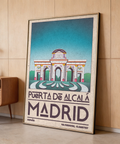 Depicting Puerta de Alcalá travel scene, Madrid Architecture Poster with large MADRID lettering and textured border