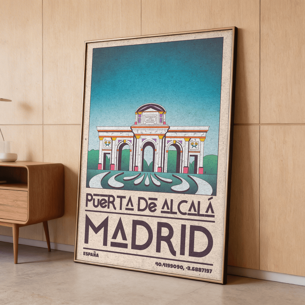 Depicting Puerta de Alcalá travel scene, Madrid Architecture Poster with large MADRID lettering and textured border