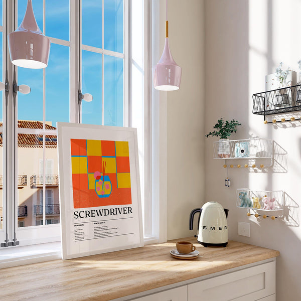 Cocktail recipe print of a Screwdriver used as vibrant art prints kitchen decor.