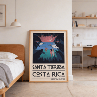 Illustrated beach scene with two standing surfers and distant wave