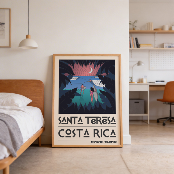 Illustrated beach scene with two standing surfers and distant wave