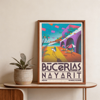 Mexico Coastal Wall Art poster depicting Bucerias Nayarit lettering and vibrant seaside elements