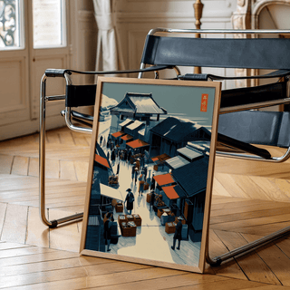 Featuring vendor awnings, baskets, and tiled roofs in market street wall art print