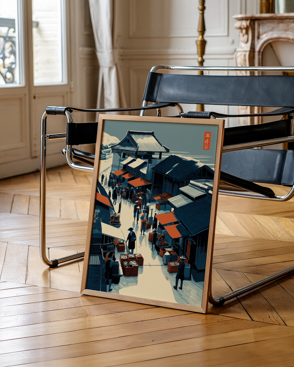 Featuring vendor awnings, baskets, and tiled roofs in market street wall art print