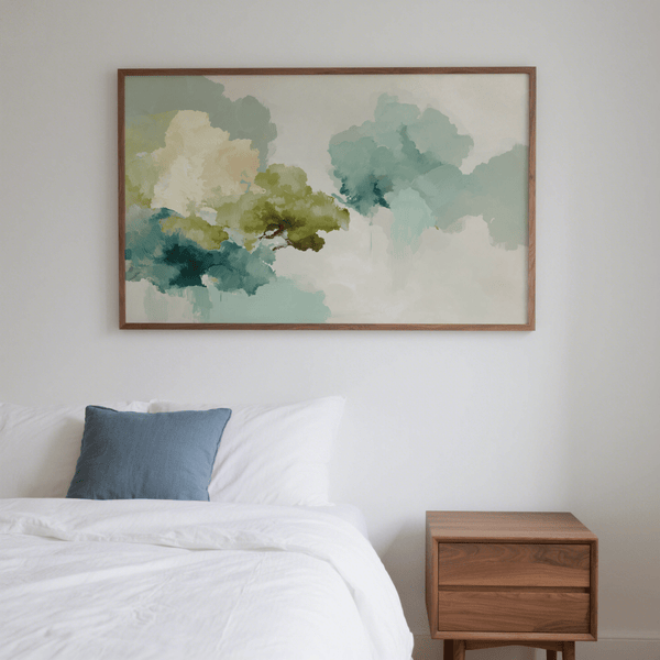 Minimalist Abstract Tree Art Print in Green, Beige, and White for hallway