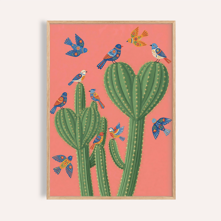 Cactus Poster Print wall art with green and pink for living room