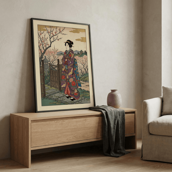 Ukiyo-e style wall art print featuring a figure in patterned kimono with blossoms and landscape