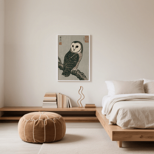 Japanese Owl Art Print featuring white and brown hues for bedroom decor