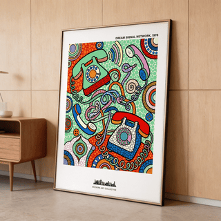 Illustrated retro phone poster with concentric circles and mosaic textures