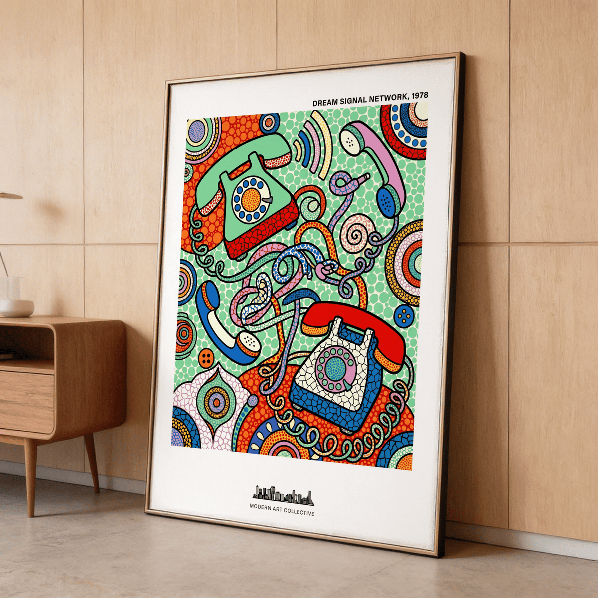 Illustrated retro phone poster with concentric circles and mosaic textures