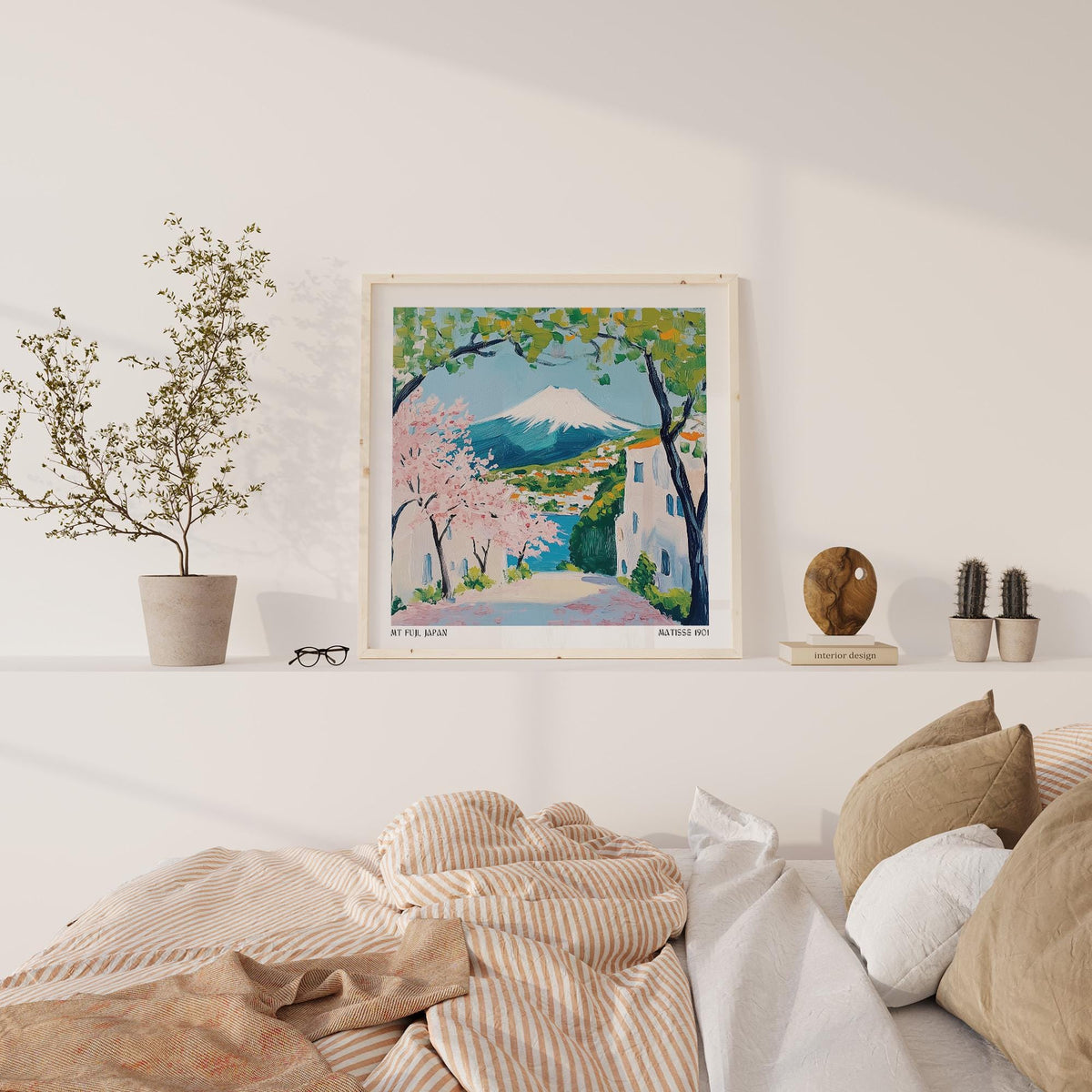 Painterly artwork of Japan’s Mt. Fuji surrounded by fresh greenery.