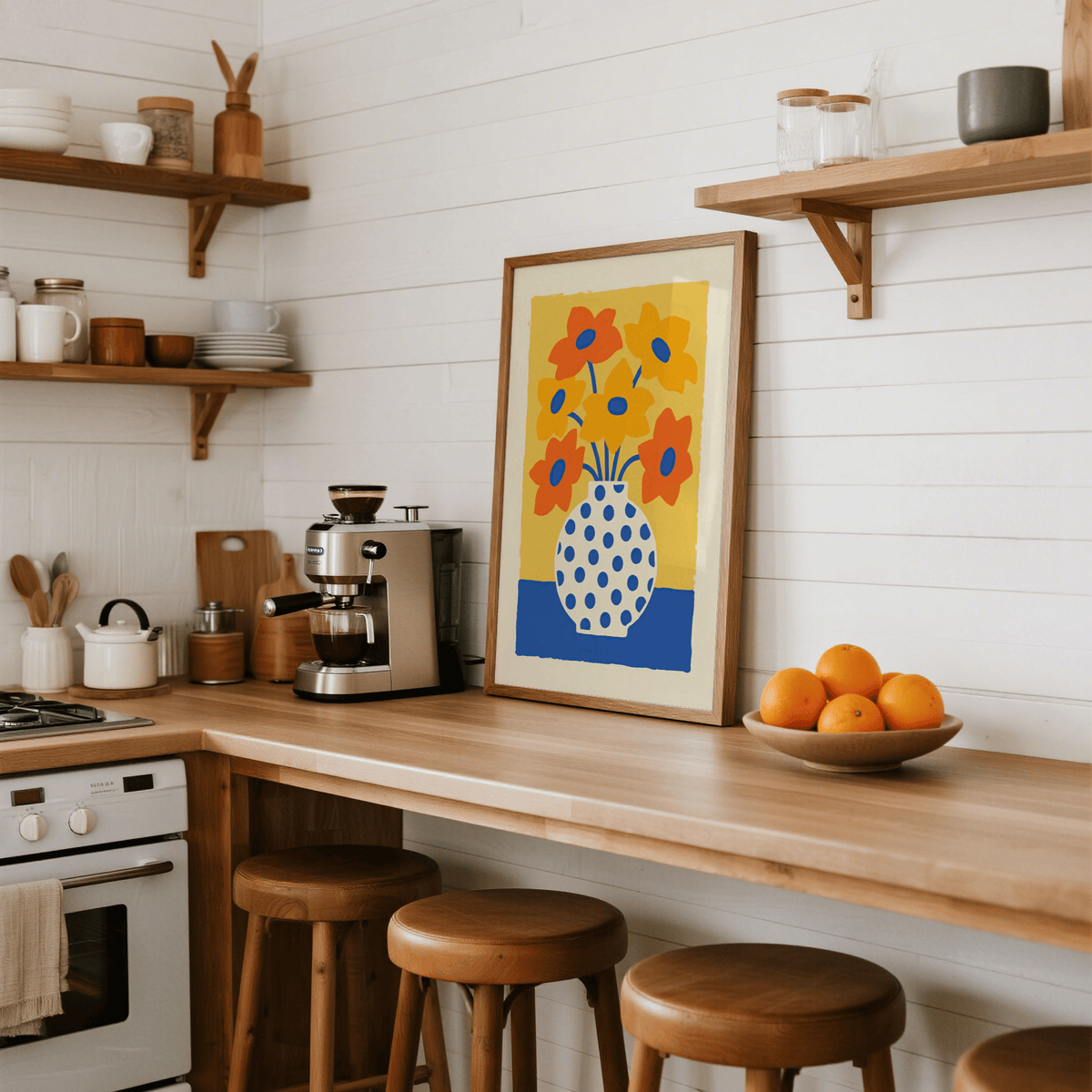 Bright Vase and Flowers Poster print with Blue, White, and Beige accents for bedroom