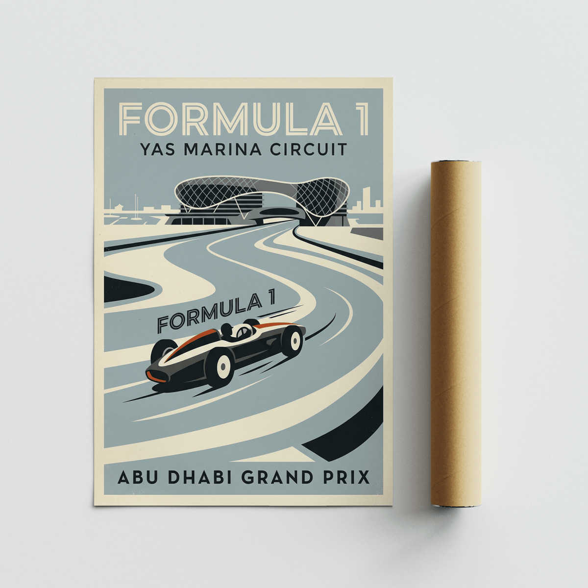 Full composition Formula 1 Wall Art poster with headline text, race car, and winding circuit