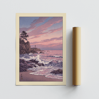 Artwork print depicting pine tree on cliff and curling waves in stylized lines