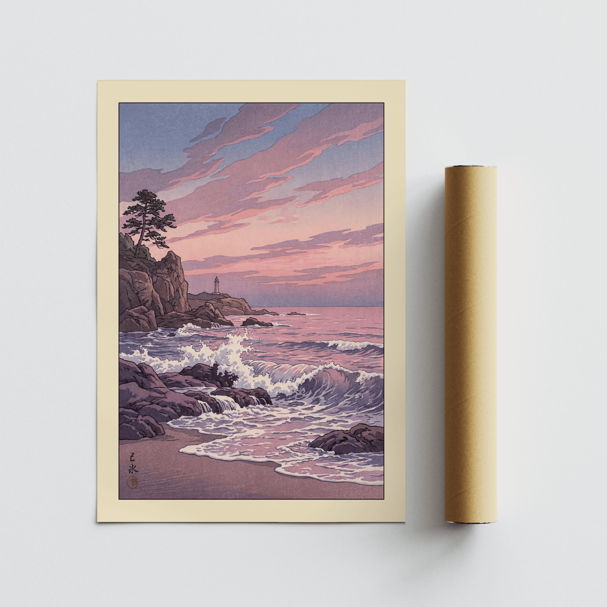 Artwork print depicting pine tree on cliff and curling waves in stylized lines