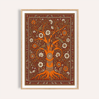 Ornamental tree and birds wall art poster with floral border