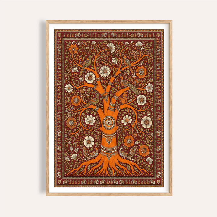 Ornamental tree and birds wall art poster with floral border