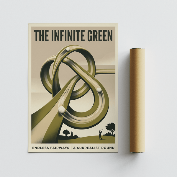 Graphic sports poster showing endless fairways tagline, surreal golf art print