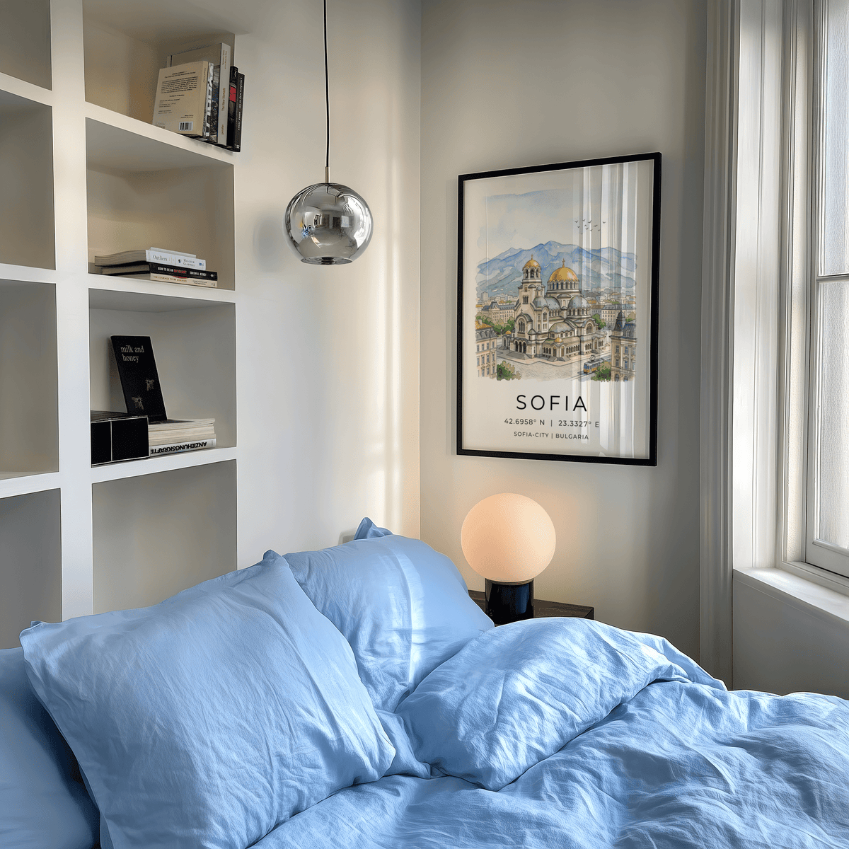 Sofia City Art Print showing domed cathedral, urban buildings, and coordinates