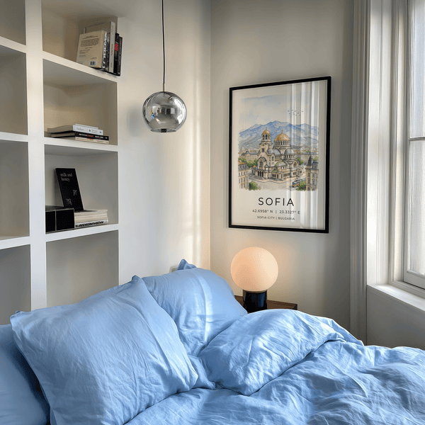 Sofia City Art Print showing domed cathedral, urban buildings, and coordinates