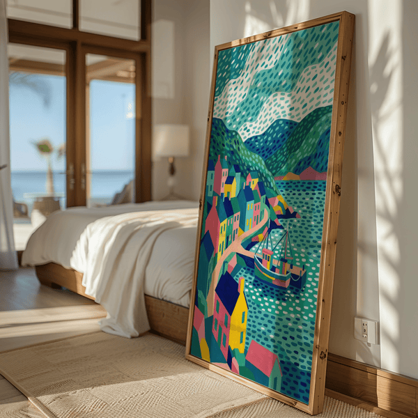 Colorful Coastal Art Print in Pink and Green for playful office wall art.