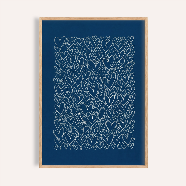 Heart Pattern Art in Blue and White for living room wall art