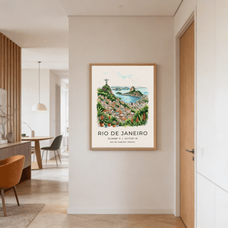 Vintage-style travel poster print of Rio de Janeiro with birds over the bay