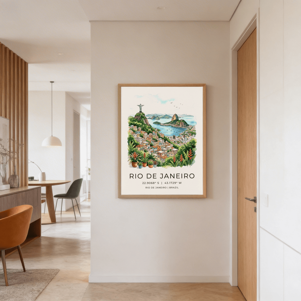 Vintage-style travel poster print of Rio de Janeiro with birds over the bay