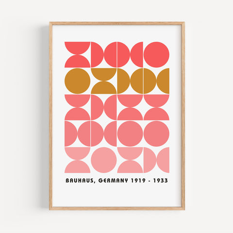 Modern Bauhaus geometric wall art in coral and ochre, perfect for mid-century decor
