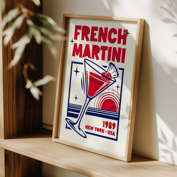 French Martini Art Print in Blue and Red colors, living room art print