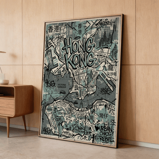 Graffiti style city layout artwork with large HONG KONG lettering centered
