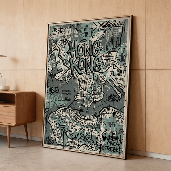 Graffiti style city layout artwork with large HONG KONG lettering centered