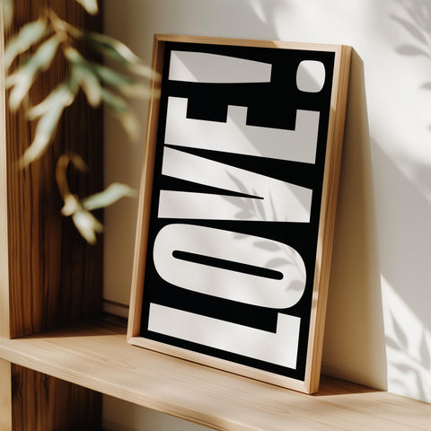 Stylish LOVE print for office or home, featuring bold lettering.