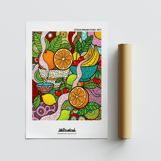 Colorful Fruit Art Print including cherries, citrus halves, and graphic curves