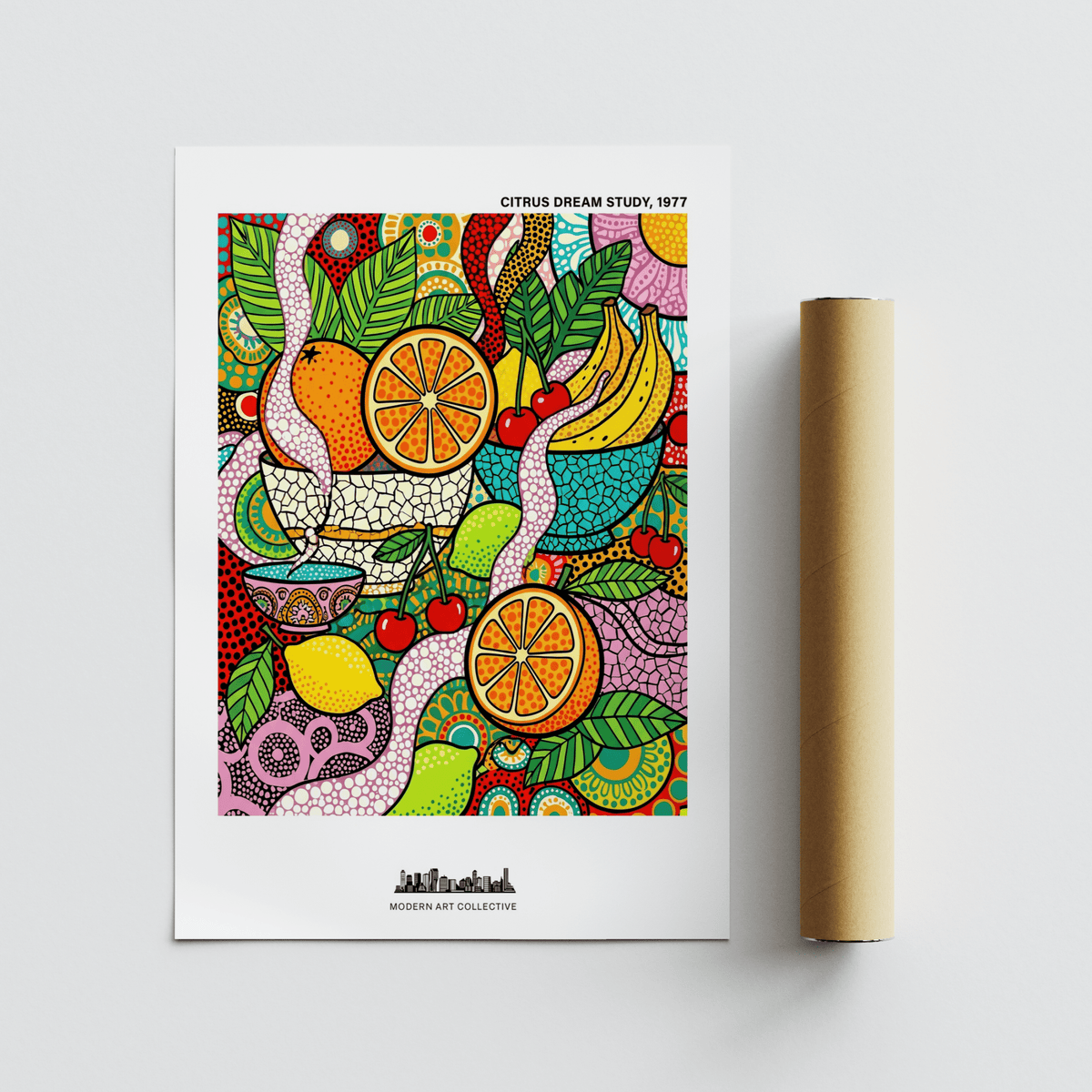 Colorful Fruit Art Print including cherries, citrus halves, and graphic curves