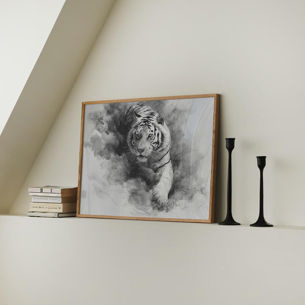 Close-up tiger art with soft textured surroundings, landscape tiger print format.