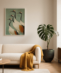 Birds Wall Art poster with layered crane silhouettes and orange crown accents