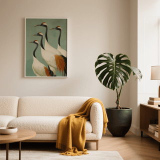 Birds Wall Art poster with layered crane silhouettes and orange crown accents