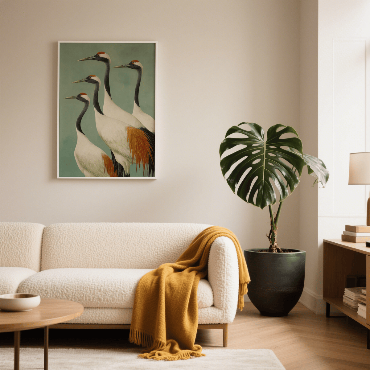 Birds Wall Art poster with layered crane silhouettes and orange crown accents