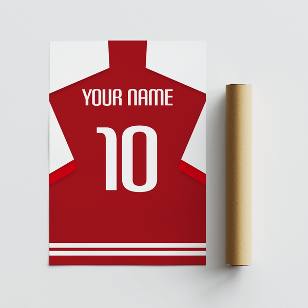 Personalised Arsenal Football Shirt Poster with clean typography, YOUR NAME label, and big number 10