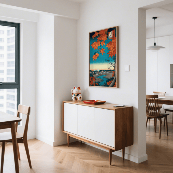 Japanese Landscape Art Print featuring serene river and orange leaves for office poster