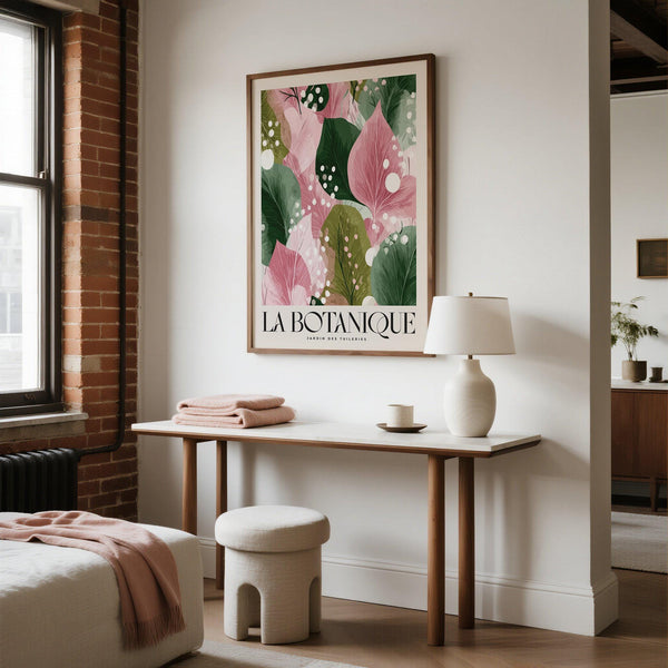 Detail of leaf textures in the floral abstract print with white circular highlights.