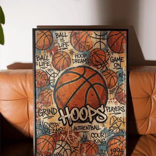 Typographic sports wall art poster reading BALL IS LIFE with scribbles and worn background