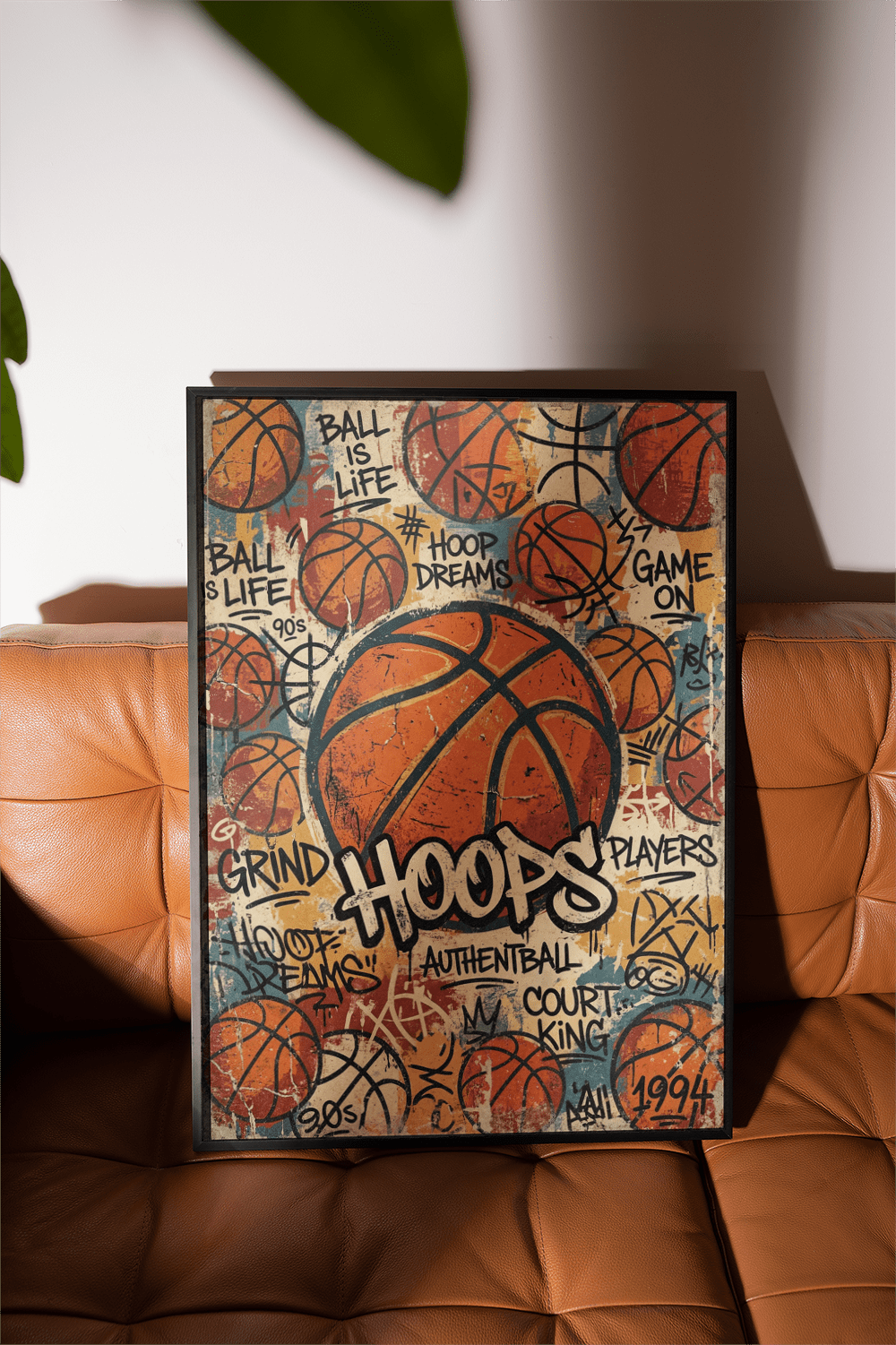 Typographic sports wall art poster reading BALL IS LIFE with scribbles and worn background