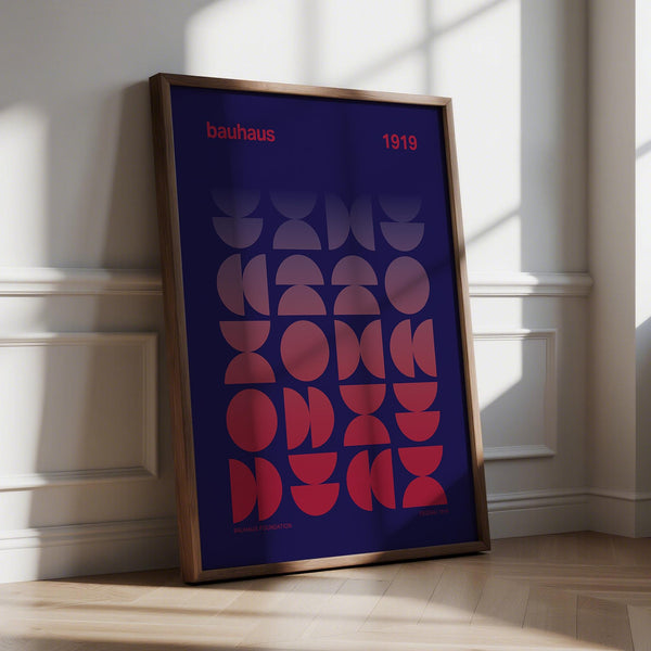 Graphic design poster featuring Bauhaus-style red and purple geometric forms.