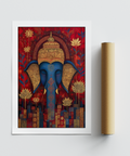 Vibrant Buddha Wall Art wall art print with lotus blossoms and patterned skyline blocks