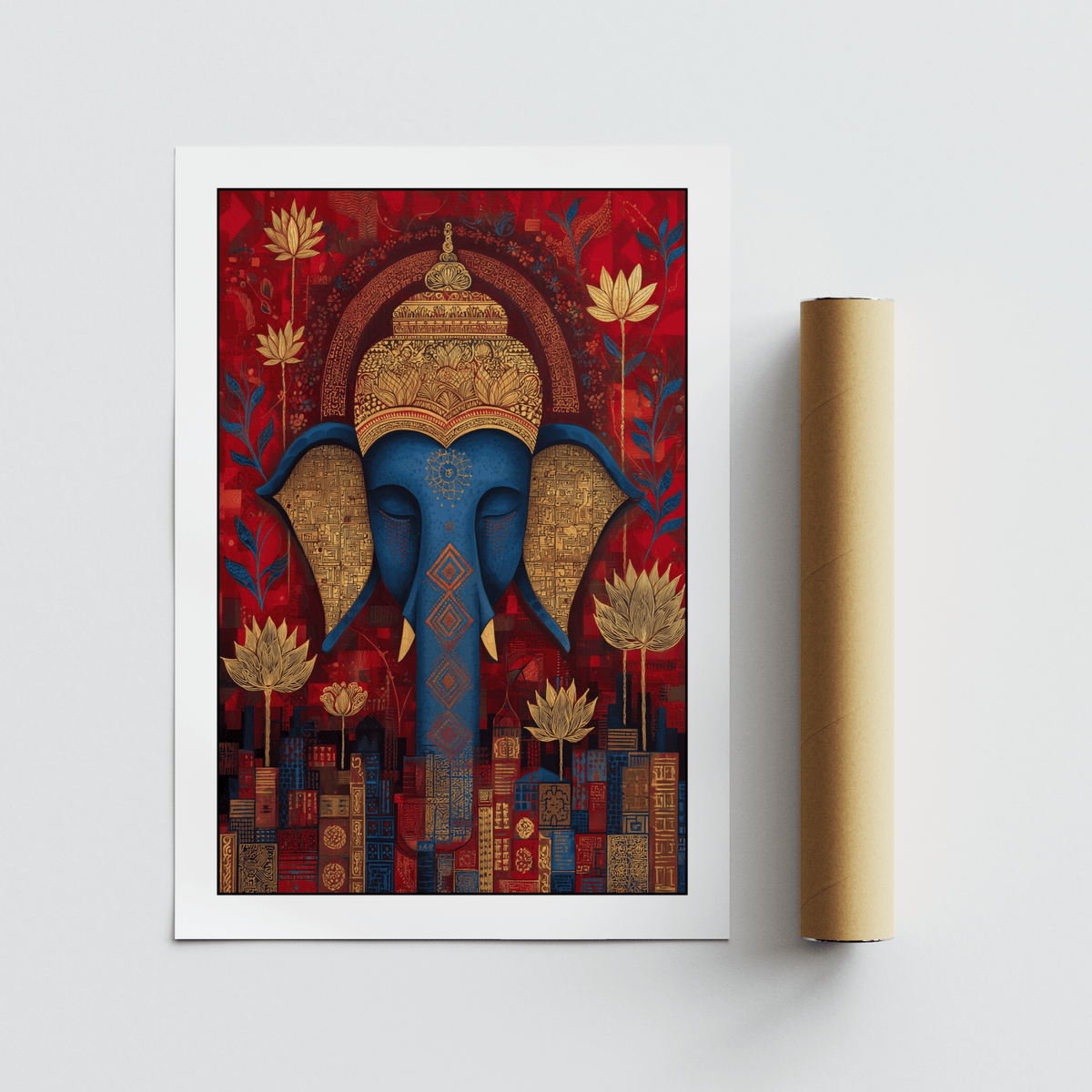 Vibrant Buddha Wall Art wall art print with lotus blossoms and patterned skyline blocks